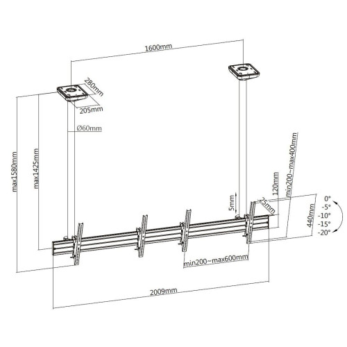 Uchwyt sufitowy do 2 wyświetlaczy LCD - Plastik, Aluminium, Stal, Srebrny - Rozmiar ekranu: 114.3-139.7 cm (45-55'')-21