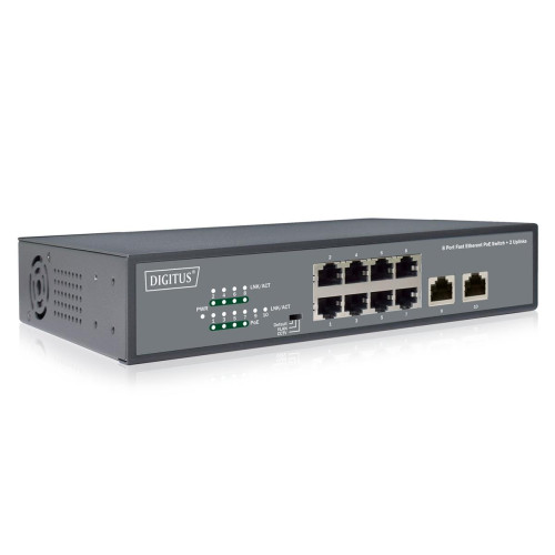 Przełącznik sieciowy niezarządzalny 19" 8x RJ45 10/100 Mb/s, 2x FastEthernet uplink, PoE+ 120W budżet