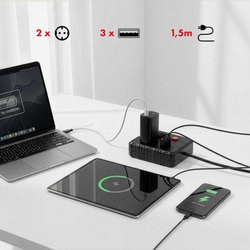 MACLEAN LISTWA ZASILAJĄCA, PRZEDŁUŻACZ 2 GNIAZDA + 3XUSB, 110-240V AC 50/60HZ, 2.1A MAX 2500W, 1.5M, CZARNA MCE387 B-