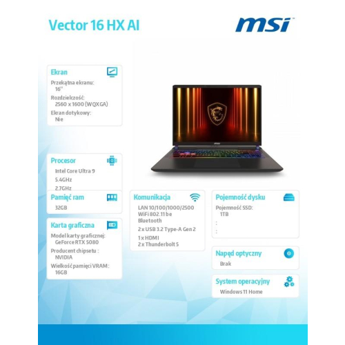 Notebook Vector 16 HX AI A2XWIG-093PL WIN11H/Core Ultra 9 275HX/32GB/1TB/RTX5080/16.0-22032258