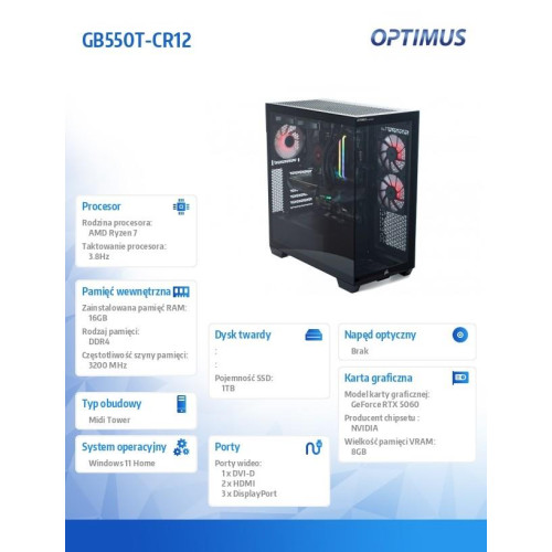 Komputer E-Sport GB550T-CR12 R7-5800X/16GB/1TB/RTX 5060 OC 8GB/W11-22033838