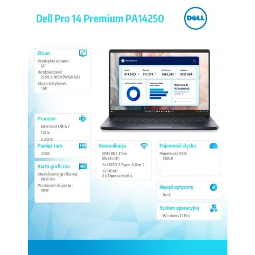 Laptop Dell Pro 14 Premium PA14250 W11P U7-268V/32GB/512GB SSD CL35/FgrPr/IRCam&Mic/WLAN+BT|14.0 QHD+ Touch/BcklKb/3C/vP