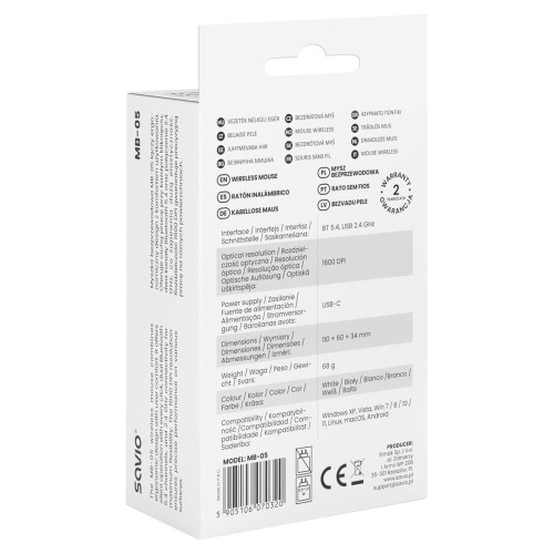 SAVIO MYSZ BEZPRZEWODOWA BT 2.4 GHZ BIAŁA MB-05-22367945