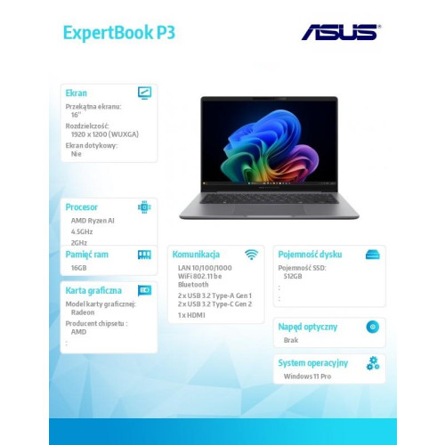 Notebook ExpertBook P3 PM3606CKA-MB0197X - Ryzen AI 5 330/16GB/512GB/16 WUXGA/Win 11 PRO/3YRS-22399444