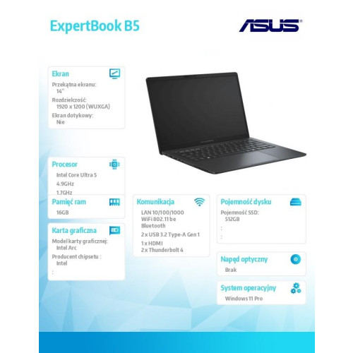 Notebook ExpertBook B5 B5405CCA-LY0125X - ultra 5 225H/16GB/512GB/16 WUXGA/Win 11 Pro/3YRS-22399875