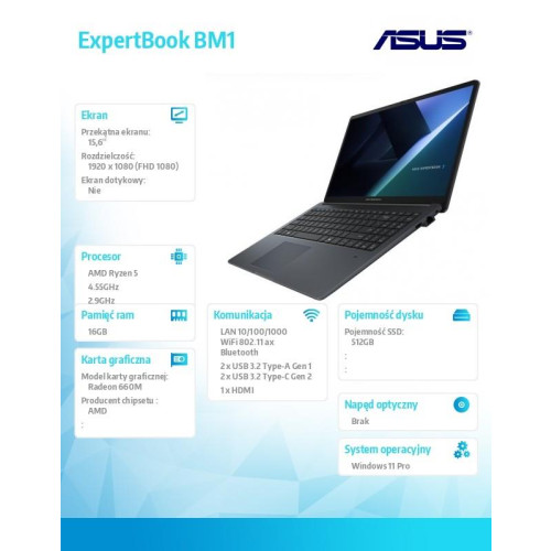 Notebook ExpertBook P3 PM3606CKA-MB0200W - Ryzen R5 7535U/16GB/512GB/15.6 FHD/Win 11 PRO/3YRS-22399878