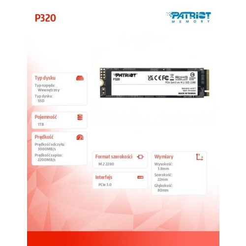 Dysk SSD 1TB P320 PCIe M.2 Gen3 x4 NVMe 3000/2200MB/s-22400321