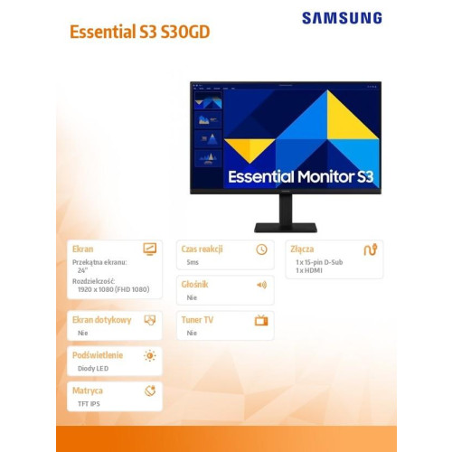 Monitor 24 cale S30GD IPS 1920x1080 FHD 16:9 1xHDMI 1xD-Sub 5ms 100Hz płaski 3YOn-Site (LS24D304GAUXEN)-22426391