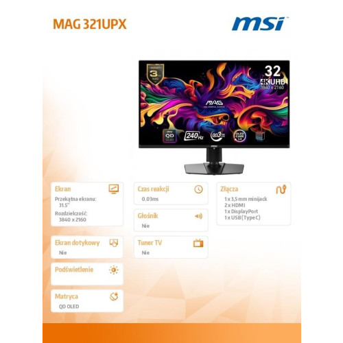 Monitor MAG 321UPX QD-OLED 31.5''/LED/UHD/Curv/160HZ/Black-22426920