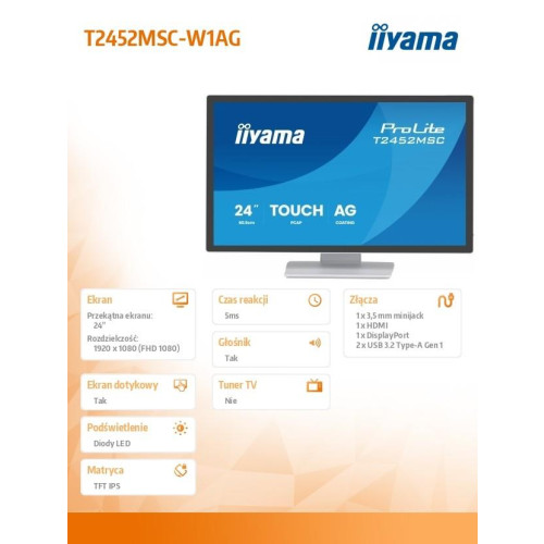 Monitor 24 cale T2452MSC-W1AG FHD,10PKT, POJ, IPS, HDMI, DP, 400cd, biały-22428099