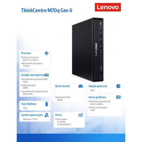 Komputer ThinkCentre M70q Tiny G6 13A4000QPB W11Pro Ultra 5 225T/16GB/512GB/INT/Black/3YRS OS + 1YR Premier-22429005