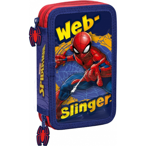 Piórnik dwukomorowy z wyposażeniem Spiderman czerwony-niebieski