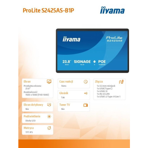 Monitor 23.8 cala ProLite S2425AS-B1 IPS,FHD,A14,24/7,RJ45, iiSignage, WI-FI-22429518