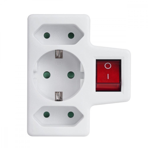 Gniazdko 1x16A 2x2.5A Schuko MCE215 z włącznikiem/wyłącznikiem, maks obciążenie 3680W, 2x wtyczka euro, 1x schuko-