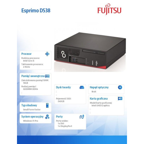 Komputer poleasingowy Fujitsu Esprimo D538 SFF Core i5-9400 (9-gen.) 2,9 GHz / 16 GB / 240 SSD / Win 11 Pro / 2-LAT