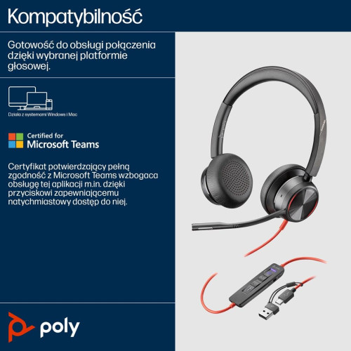 Zestaw słuchawkowy POLY Blackwire 8225 Stereo 8X225AA USB-C z certyfikatem Microsoft Teams + przejściówka USB-C/A-225