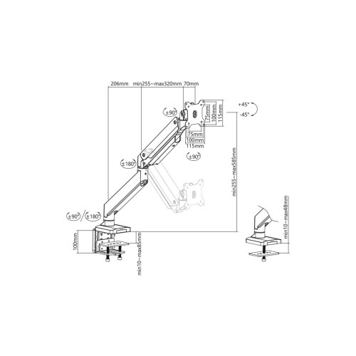 Ramię biurkowe pojedyńcze z zaciskiem 1xLCD z sprężyną gazową max. 35