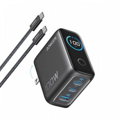 Ładowarka sieciowa USB-A + 2xUSB-C 100W SMART z wyświetlaczem, ciemnoszara