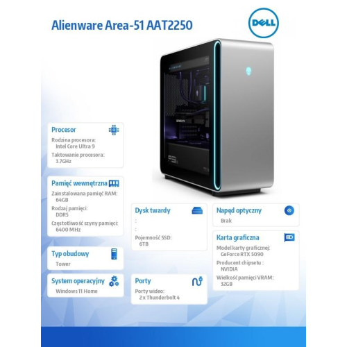 Komputer Alienware Area-51 AAT2250 Win 11 Home / Intel Core Ultra 9 / 64GB / 6TB / RTX5090 / 2Y Alienware Elite Care-226