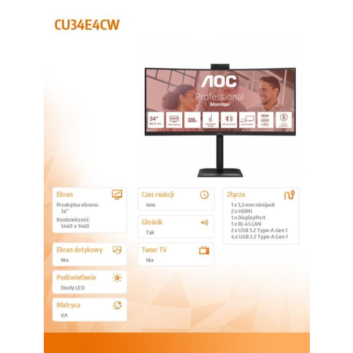 Monitor 34 cale CU34E4CW Curved VA 120Hz HDMIx2 DP RJ45 USB-C HAS Kamera-22632432