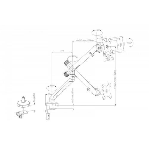 Ramię biurkowe pojedyncze z zaciskiem i sprężyną mechaniczną 1x LCD max. 35