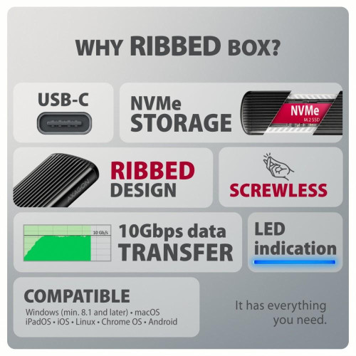 EEM2-SC Obudowa zewnętrzna aluminiowa bezśrubowa USB-C 3.2 Gen 2 10Gbps - M.2 NVMe SSD, długość 30 do 80 mm szary-2
