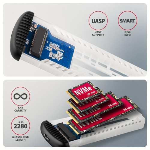 EEM2-SC Obudowa zewnętrzna aluminiowa bezśrubowa USB-C 3.2 Gen 2 10Gbps - M.2 NVMe SSD, długość 30 do 80 mm szary-2