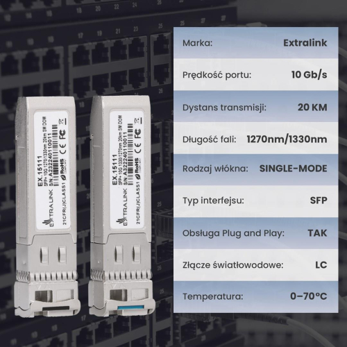 Extralink SFP+ 10G | Moduł SFP+ WDM | 10Gbps 1270/1330nm, single mode, 20km, LC, DOM, para, dedykowany dla HP/ARUBA-229