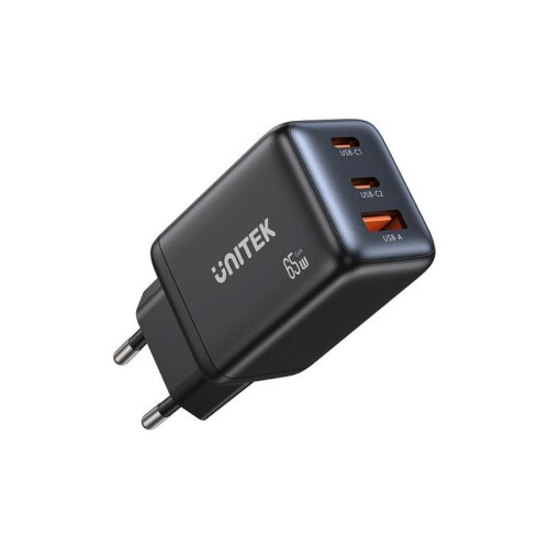 UNITEK ŁADOWARKA SIECIOWA GAN 2X USB-C USB-A ,PD 3.0, 65W, CZARNA