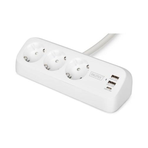 Digitus 3-drożna biurowa listwa zasilająca z 2 złączami USB-A i 1 złączem USB-C, biała