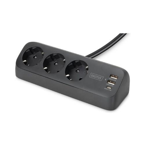 Digitus 3-drożna biurowa listwa zasilająca z 2 złączami USB-A i 1 złączem USB-C, czarna