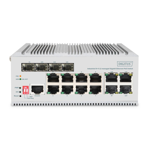 Digitus 8-portowy przełącznik sieciowy Gigabit Ethernet PoE, przemysłowy, zarządzany L2, 4 SFP Uplink-23249379