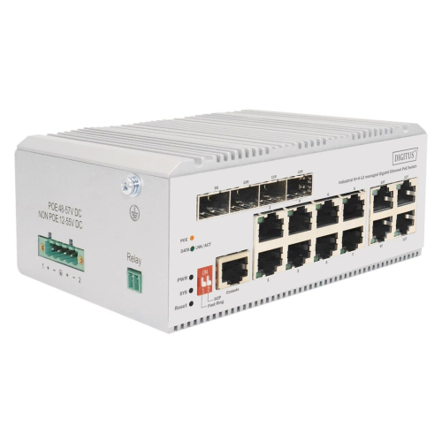 Digitus 8-portowy przełącznik sieciowy Gigabit Ethernet PoE, przemysłowy, zarządzany L2, 4 SFP Uplink