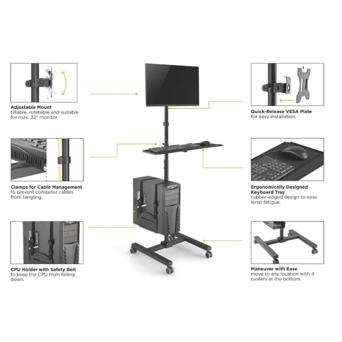 Wyposażenie - Wózek na płaski panel / obudowa komputera - plastikowa, stal nierdzewna - rozmiar ekranu: 43,2-81,3 cm 