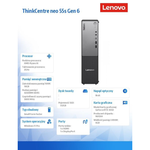 Komputer ThinkCentre Neo 55s G6 SFF 13FK001NPB W11Pro 5 330/16GB/512GB/RTX 3050 6GB/3YRS OS-23283711