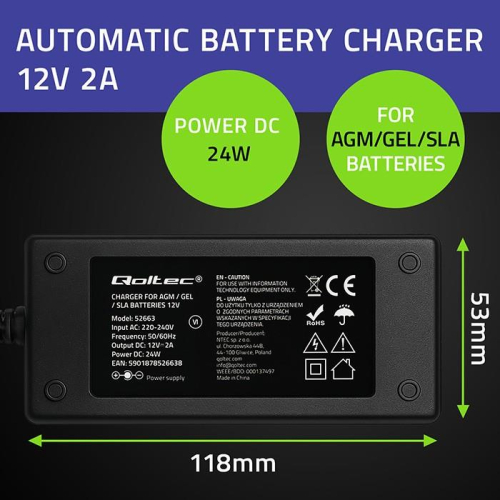 Ładowarka do akumulatora AGM GEL STD | Prostownik 12V | 2A | 24W | LED | Kabel 1.8m-23284335
