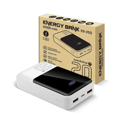 EVERACTIVE POWERBANK 20 000MAH, 2X USB, 1X USB-C 22,5W, QC4+, WYŚWIETLACZ LCD, BIAŁY EB-20Q-23394725