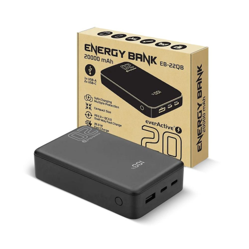 EVERACTIVE POWERBANK 20 000MAH, 1X USB, 2X USB-C, 20W, QC4+, WYŚWIETLACZ LCD, CZARNY EB-22QB-23394749