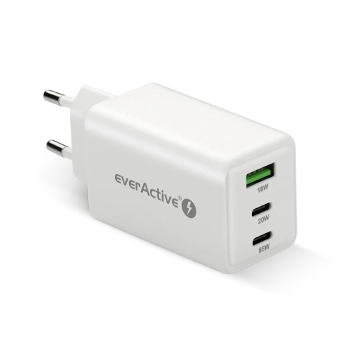 EVERACTIVE ŁADOWARKA SIECIOWA GAN 1 X USB, 2 X USB-C QUICK CHARGE 4+ 65W BIAŁA SC-655Q-23394962