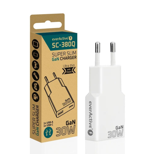 EVERACTIVE ŁADOWARKA SIECIOWA 1 X USB, 1 X USB-C QUICK CHARGE 3.0 30W SUPER SLIM BIAŁA SC-380Q-23394969