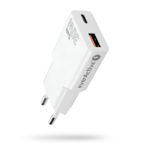 EVERACTIVE ŁADOWARKA SIECIOWA 1 X USB, 1 X USB-C QUICK CHARGE 3.0 30W SUPER SLIM BIAŁA SC-380Q