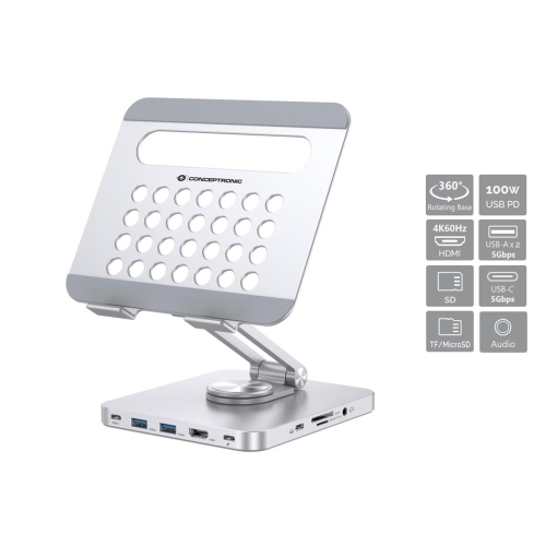 Uchwyt na tablet CONCEPTRONIC ze stacją dokującą 8 w 1 srebrny-23413846