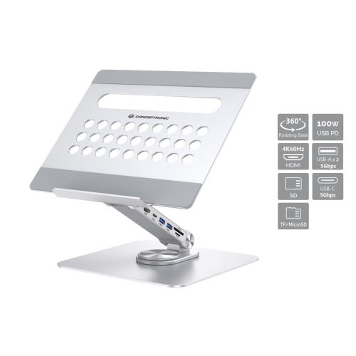 CONCEPTRONIC Uchwyt na laptopa ze stacją dokującą 7 w 1 srebrny
