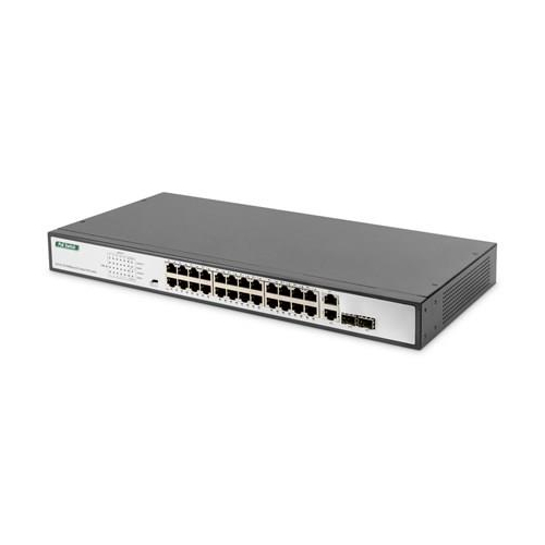 Przełącznik sieciowy niezarządzalny 19" 24x RJ45 10/100 Base-T, 2x combo Gigabit, PoE+ 370W budżet