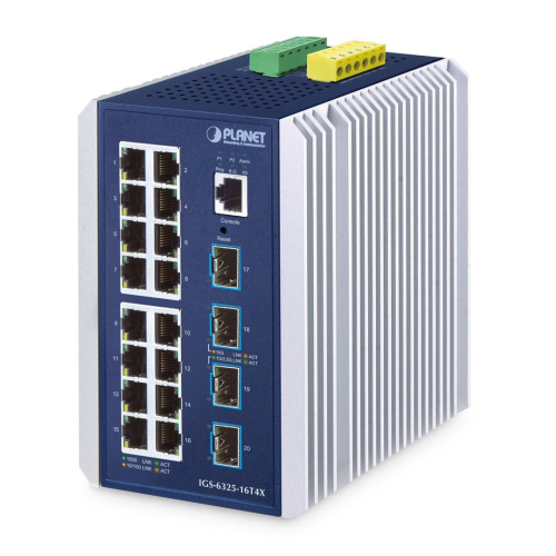 PLANET IP30 Industrial L3 16-Port Zarządzany Gigabit Ethernet (10/100/1000) Aluminium, Niebieski