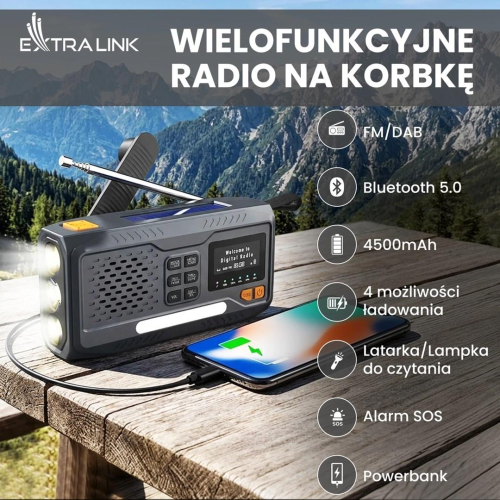 Extralink RADIO AWARYJNE BLUETOOTH SOLARNE Z KORBKA DYNAMO POWERBANK 4000MAH Z LATARKA SOS BT-4000 Przenośny Analogowe 