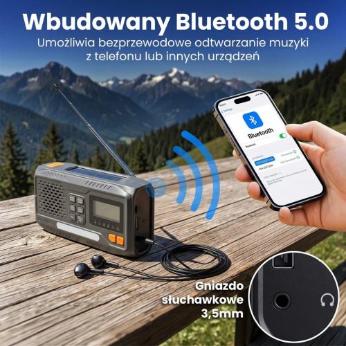 Extralink RADIO AWARYJNE BLUETOOTH SOLARNE Z KORBKA DYNAMO POWERBANK 4000MAH Z LATARKA SOS BT-4000 Przenośny Analogowe 