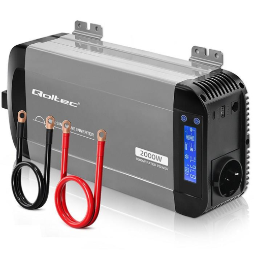 Qoltec Przetwornica napięcia Pure Sine Wave | 12V na 230V | 1000/2000W | LCD | USB | USB-C | Kompatybilna z LiFePO4 GEL AGM