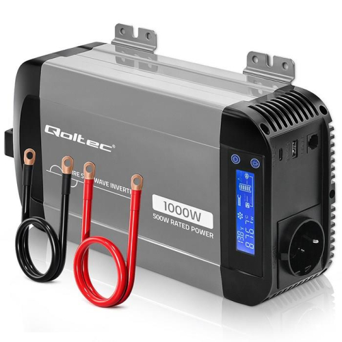 Qoltec Przetwornica napięcia Pure Sine Wave | 12V na 230V | 500/1000W | LCD | USB | USB-C | Kompatibilność z LiFePo4 GEL AGM
