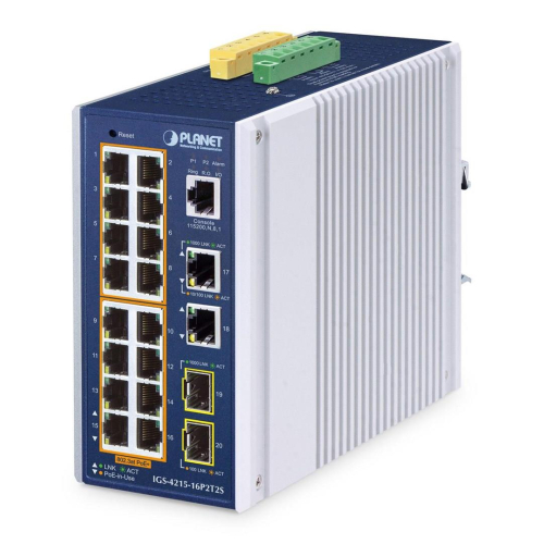 PLANET IP30 Industrial L2/L4 16-Port Zarządzany L2/L4 Gigabit Ethernet (10/100/1000) Obsługa PoE Aluminium, Niebieski